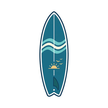Surfboard with sun and wave design.