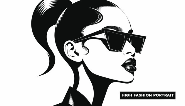 Very beautiful close-up black and white realistic vector of a stylish young African American woman wearing fashionable sunglasses, flawless beauty makeup, elegant facial features, detailed engraved li