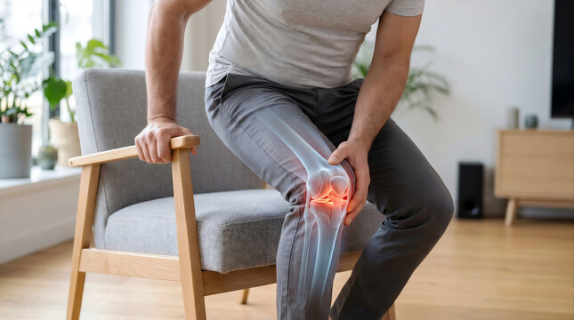 Man with Knee Pain While Standing Up from Chair with Highlighted Knee Joint Anatomy at Home