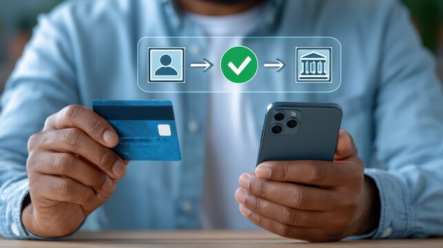 A person holds a credit card and smartphone, illustrating secure online banking with identity verification icons above.