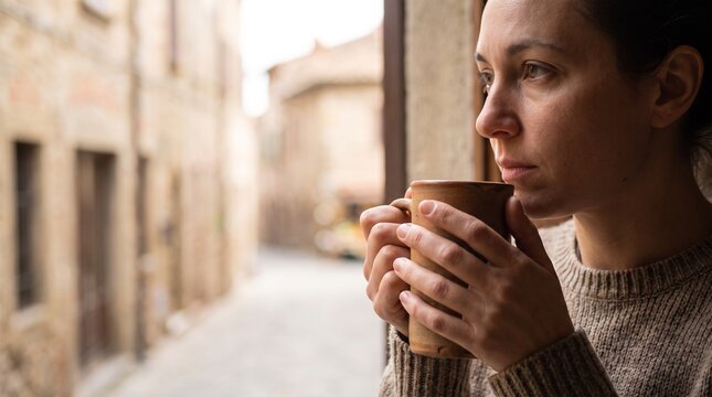 Young woman looking thoughtfully out a window, holding a warm mug in her hands, with an old European street in the background.