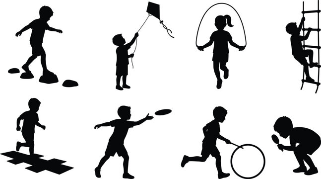 Children Playground Activity Silhouette Collection with Jump Rope Kite Flying Frisbee and Outdoor Play