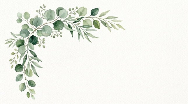 Watercolor corner border frame with green eucalyptus leaves and branches. Greenery clipart for wedding invitation, greeting cards, save the date, stationery design. Hand drawn illustration