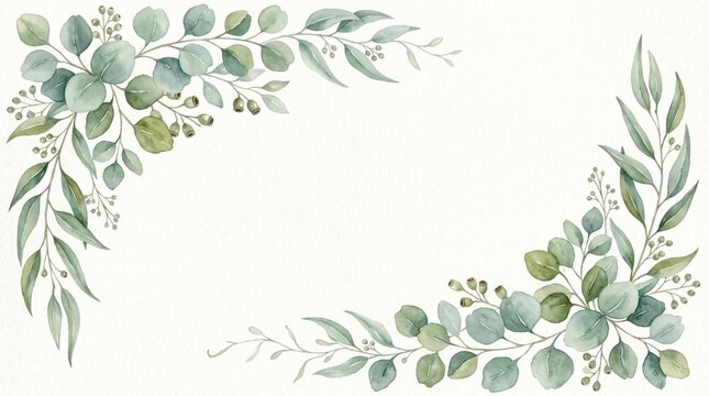 Watercolor corner border frame with green eucalyptus leaves and branches. Greenery clipart for wedding invitation, greeting cards, save the date, stationery design. Hand drawn illustration
