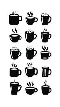 Collection of black coffee cups with steam and milk splashes on dark background for beverage or cafe themes