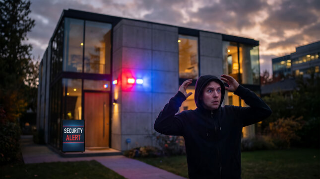A shocked burglar in a black hoodie raising his hands as flashing police lights illuminate a modern luxury house with a security alert sign at dusk.