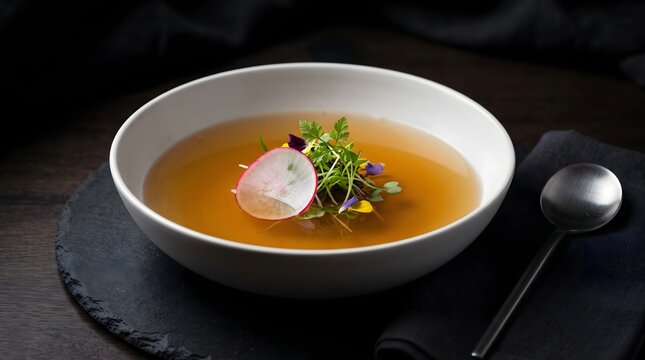 Clear golden consomm&eacute; served in a white ceramic bowl topped with fresh radish and herbs