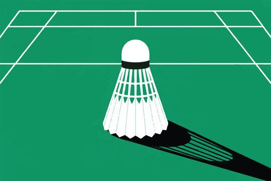 A minimalist line art illustration of a shuttlecock on a badminton court