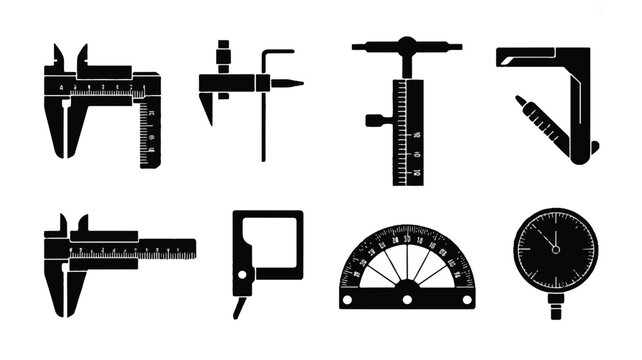 A set of eight black silhouette illustrations depicts various precision tools on a white background including calipers and gauges.