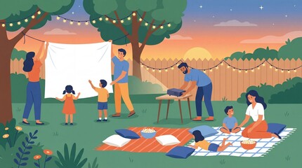 Fototapeta premium Family setting up outdoor movie night in backyard with children and snacks