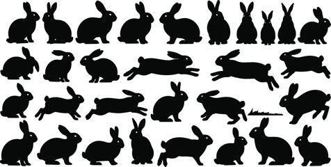 rabbit silhouette set, cartoon style, black animal icons, hopping bunny poses, running rabbit graphics, sitting hare bundle © Video Creator