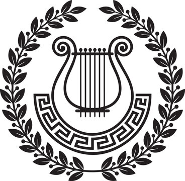 Ancient Greek Lyre and Laurel Wreath Icon. Classical Musical Instrument Emblem