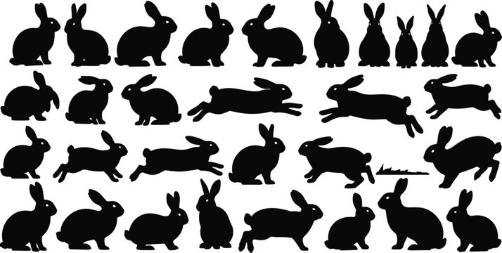 rabbit silhouette set, cartoon style, black animal icons, hopping bunny poses, running rabbit graphics, sitting hare bundle