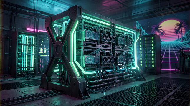 Futuristic supercomputer server rack with neon lighting in a sci-fi data center vaporwave retro style