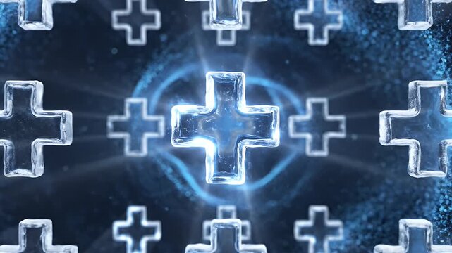 Ice plus signs with blue energy swirls on a dark background.