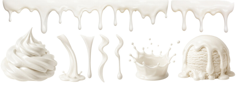 White Cream and Milk Splash Set, Realistic Yogurt Dripping Borders, Whipped Ice Cream Swirl and Liquid Drops Element Bundle Isolated on Transparent Background