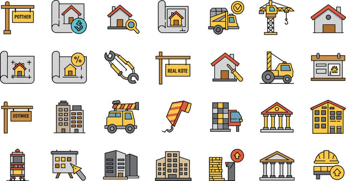 Real estate icons, property investment symbols, construction equipment, housing development, architecture blueprints, banking, urban planning, financial growth graphics vector illustration