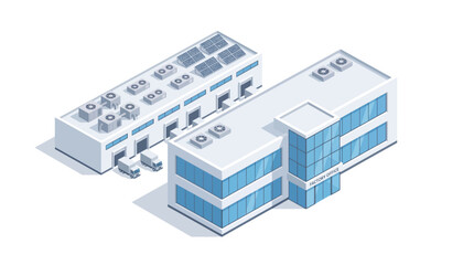 Fototapeta premium Isometric View of a Modern Industrial Warehouse Complex and Corporate Office Building for Logistics and Business Operations Illustration