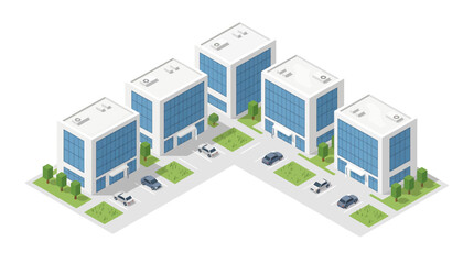 Fototapeta premium Isometric modern business park with white office buildings, street, cars, and trees. Professional corporate district architecture for urban planning