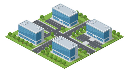 Fototapeta premium Isometric modern business district with office buildings corporate architecture parking lots roads and green trees vector illustration