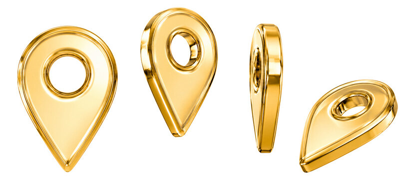 3D Gold Map Pin Set from Different Angles, Metallic Luxury Location Pointer Icons for Navigation and Travel Concept Isolated on Transparent Background