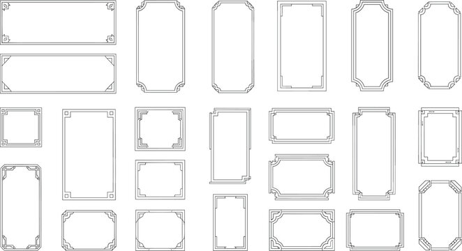 Rectangular decorative frames collection, ornate vintage borders with corner details, elegant label and certificate outline, vector illustration