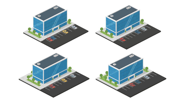Isometric modern blue office building icons with parking lot and small cars for urban corporate business center architectural design concept vector
