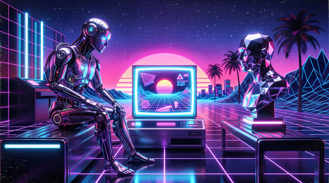 Futuristic robot sitting in front of a retro computer and a geometric bust in a neon sunset landscape vaporwave retro style
