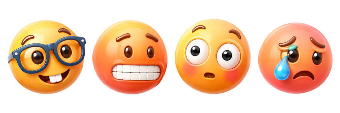 3D Emoji Face Set with Nerd, Nervous, Shocked, and Crying Expressions Isolated on transparent Background