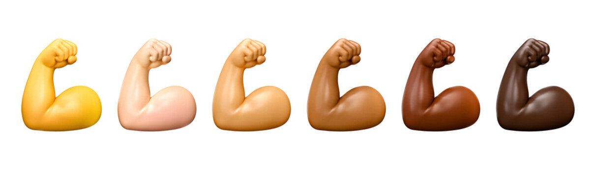3D Flexed Biceps Emoji Set with Diverse Skin Tones, Plastic Muscular Arm Gestures for Strength and Fitness Concept Isolated on Transparent Background