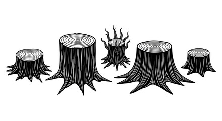 Tree stumps, black and white, illustration, vector graphics, stump collection, tree trunks © imran