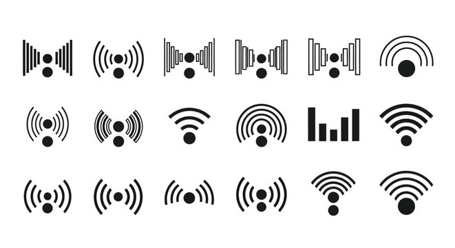 WiFi signal icons, wireless network symbols, connectivity signs, internet access logos, 20 black vector graphics