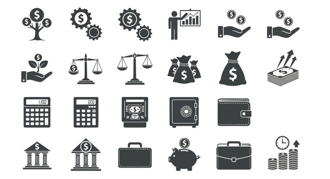 Business Finance Icons, 25 Black Vector Graphics, Money, Banking, Commerce Symbols