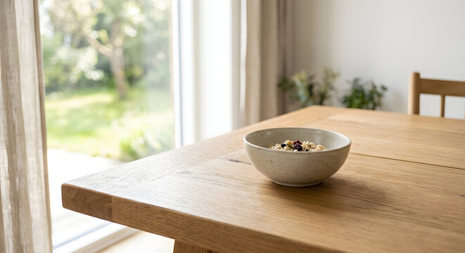Healthy oatmeal porridge bowl with dried fruits and nuts on a wooden dining table next to a bright window
