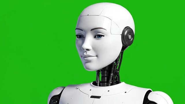 A portrait of a friendly white humanoid robot against green