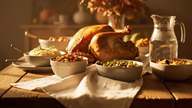 A delicious roasted turkey and side dishes like mashed potatoes and green beans are arranged on a rustic wooden table, ready for a festive holiday meal with warm lighting