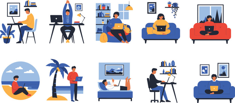 Remote work illustration set, people with laptops working from home, freelancing, online jobs, home office, digital nomad lifestyle vector