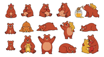 Cute bear, bear cub, cartoon vector icons, 15 elements, honey, wildlife, animal stickers © imran