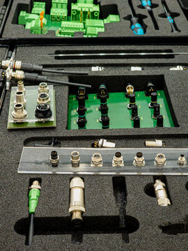 Industrial Electronic Connector Kit with M12 M8 Circular Plugs and Circuit Boards in Carrying Case