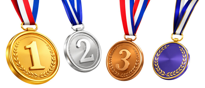 3D Medal Set with Gold, Silver, Bronze and Blue Awards, First Second and Third Place Sports Trophies Isolated on Transparent Background