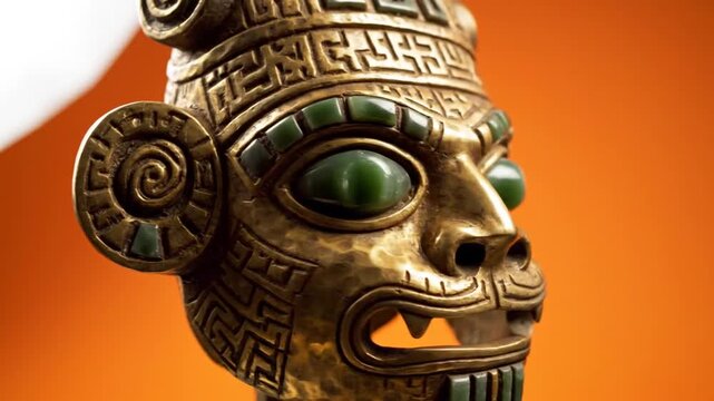 Ancient pre Columbian golden mask with jade eyes rotating on display.