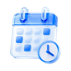 3D Blue Glass Calendar and Clock Icon, Crystal Agenda Planner for Schedule and Time Management Isolated on Transparent Background © Abdur