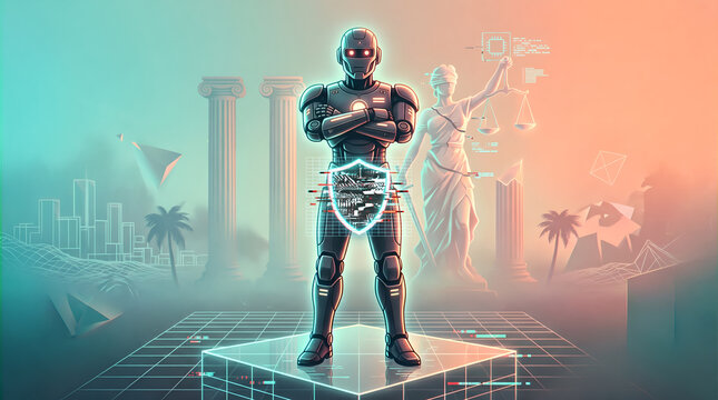 AI robot standing with Lady Justice and classical columns representing digital law vaporwave retro style