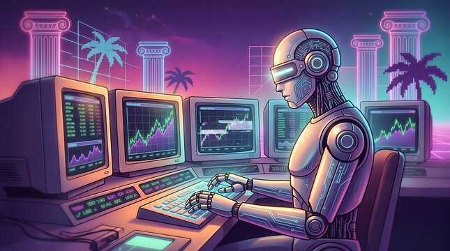 Futuristic AI trading agent stock market data analysis on retro computers vaporwave retro style