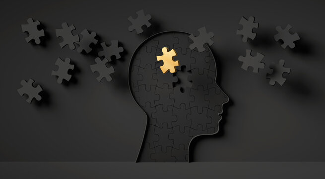 Black 3D silhouette of a head surrounded by group of black puzzle pieces and one golden piece, symbolizing mental input, activity, intelligence or creativity - 3D illustra