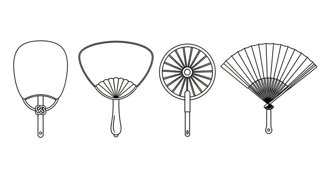 Hand fan icons, folding fans, vector illustrations, black and white, 4 pcs