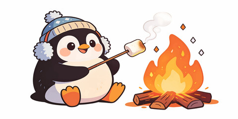 Fototapeta premium Cute Penguin in Winter Hat Roasting Marshmallow by Campfire Cartoon Illustration
