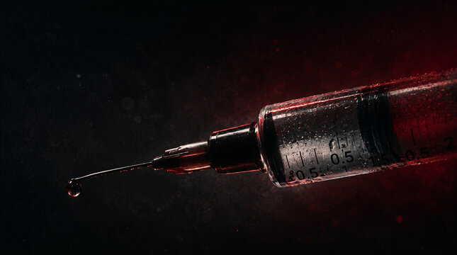 Close Up of Medical Syringe and Needle with Liquid Droplet Against Dark Red Backlight