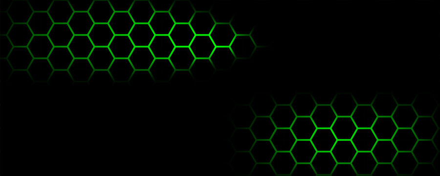 Futuristic dark background with green glowing honeycomb hexagon patterns.