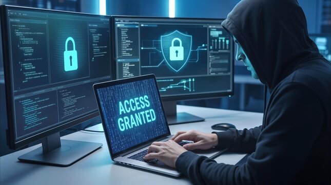 Hooded hacker gaining unauthorized access to secure network. Cybercriminal typing on laptop with access granted message on screen in dark room.